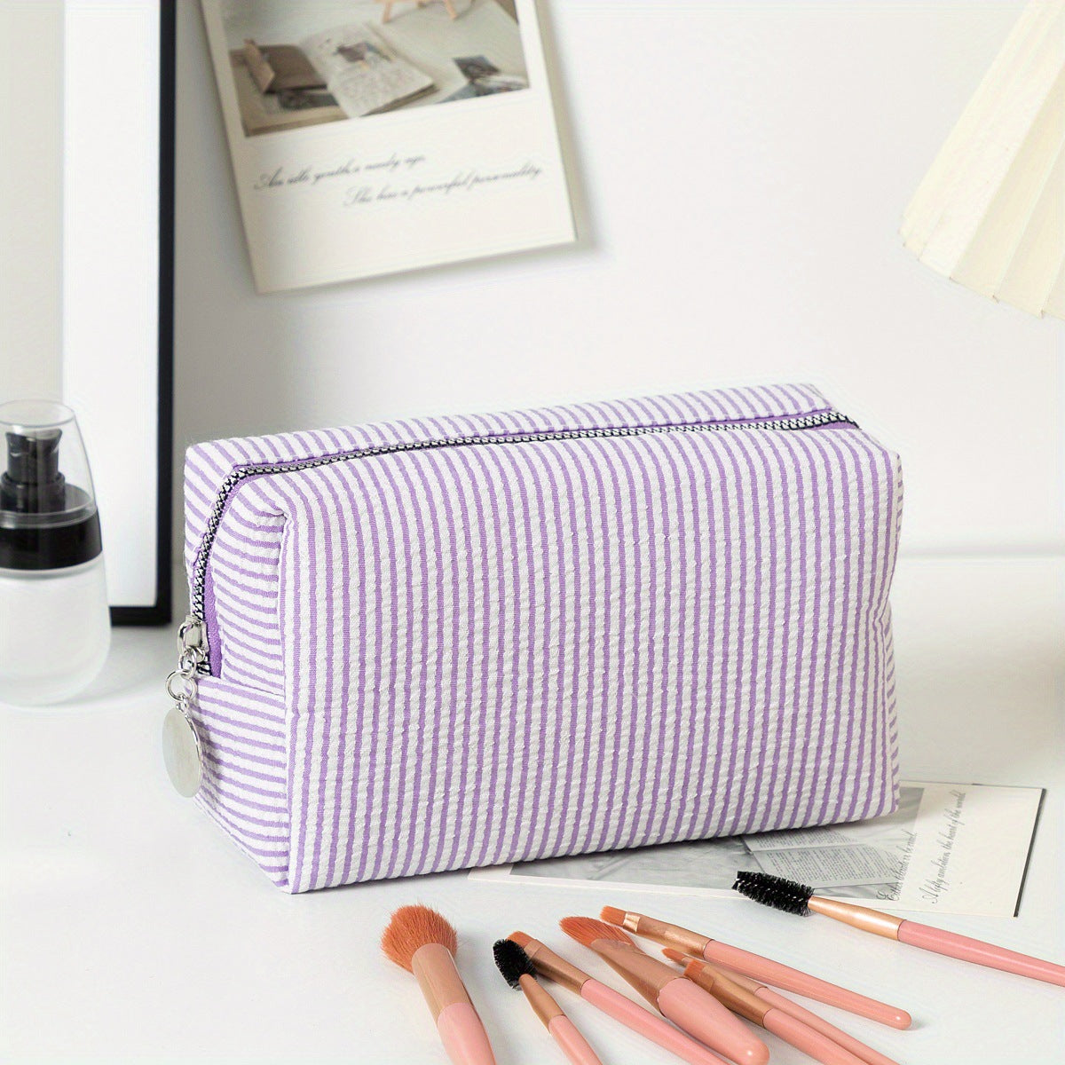 Personalized Embroidered striped Seersucker cosmetic bag gift