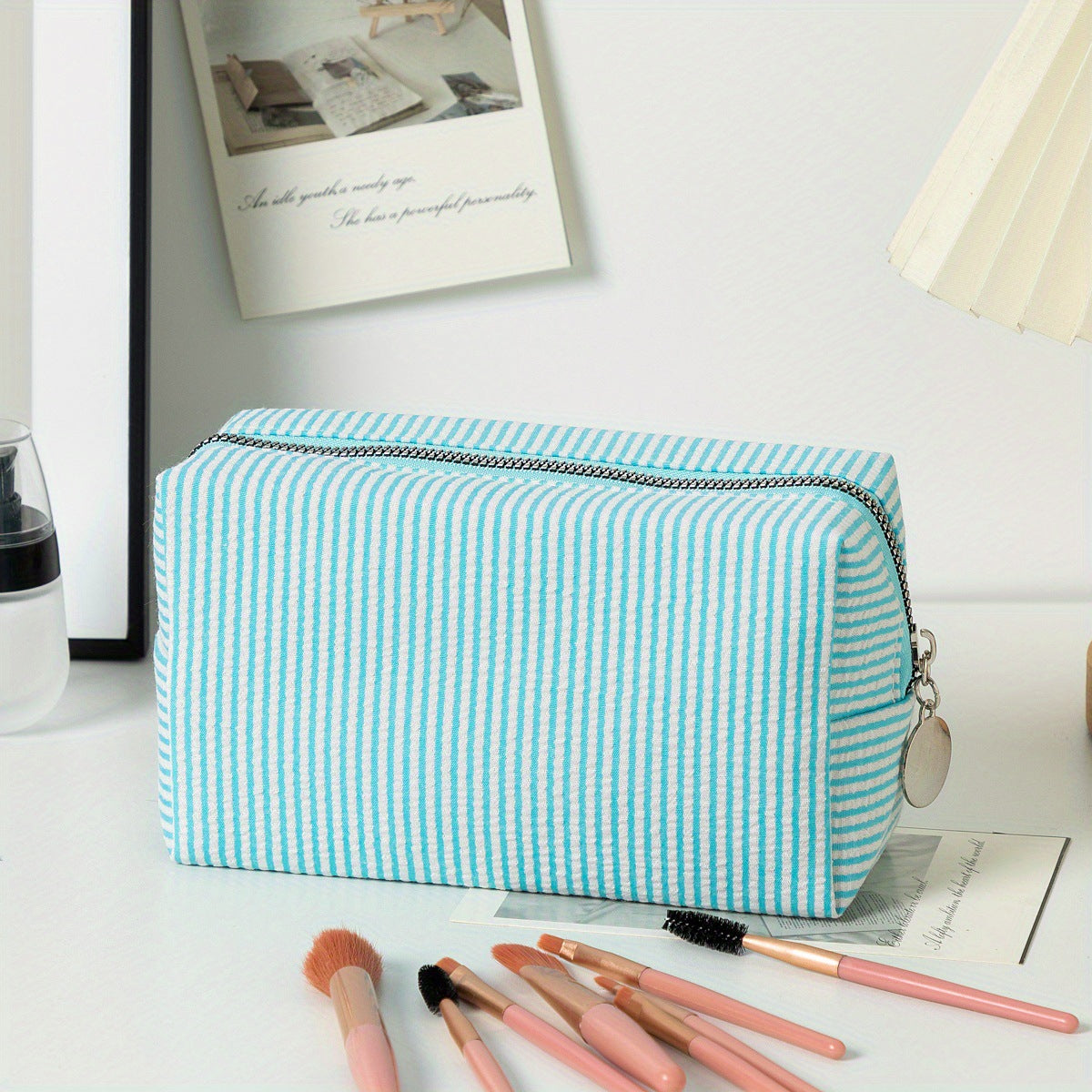 Personalized Embroidered striped Seersucker cosmetic bag gift