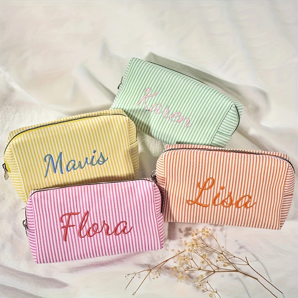 Personalized Embroidered striped Seersucker cosmetic bag gift