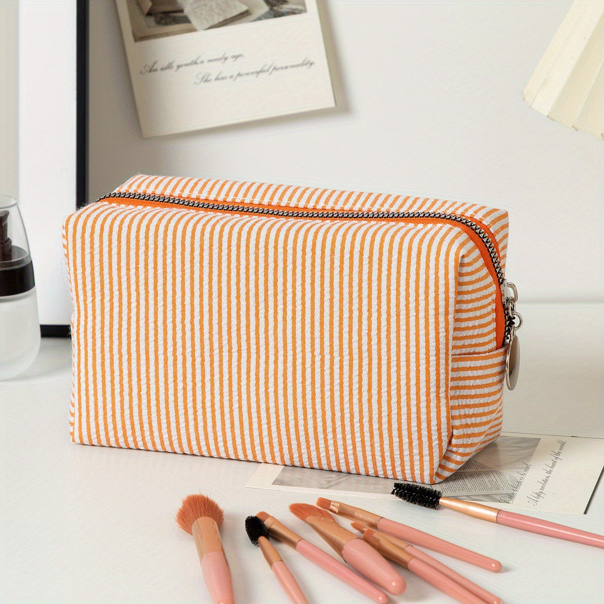 Personalized Embroidered striped Seersucker cosmetic bag gift
