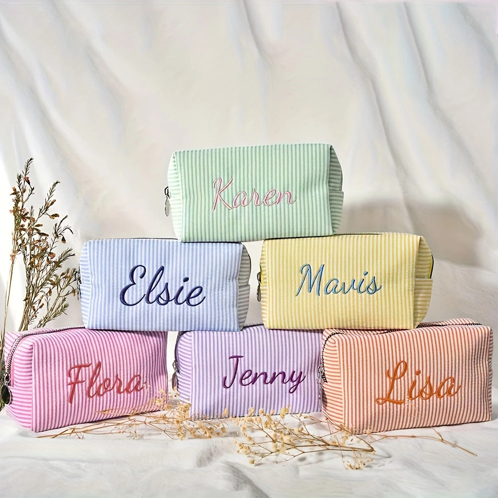 Personalized Embroidered striped Seersucker cosmetic bag gift