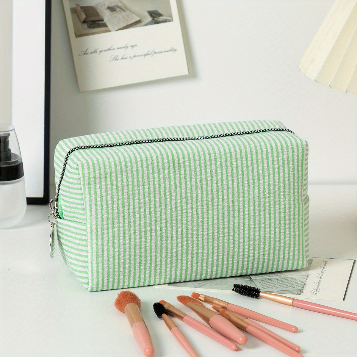 Personalized Embroidered striped Seersucker cosmetic bag gift