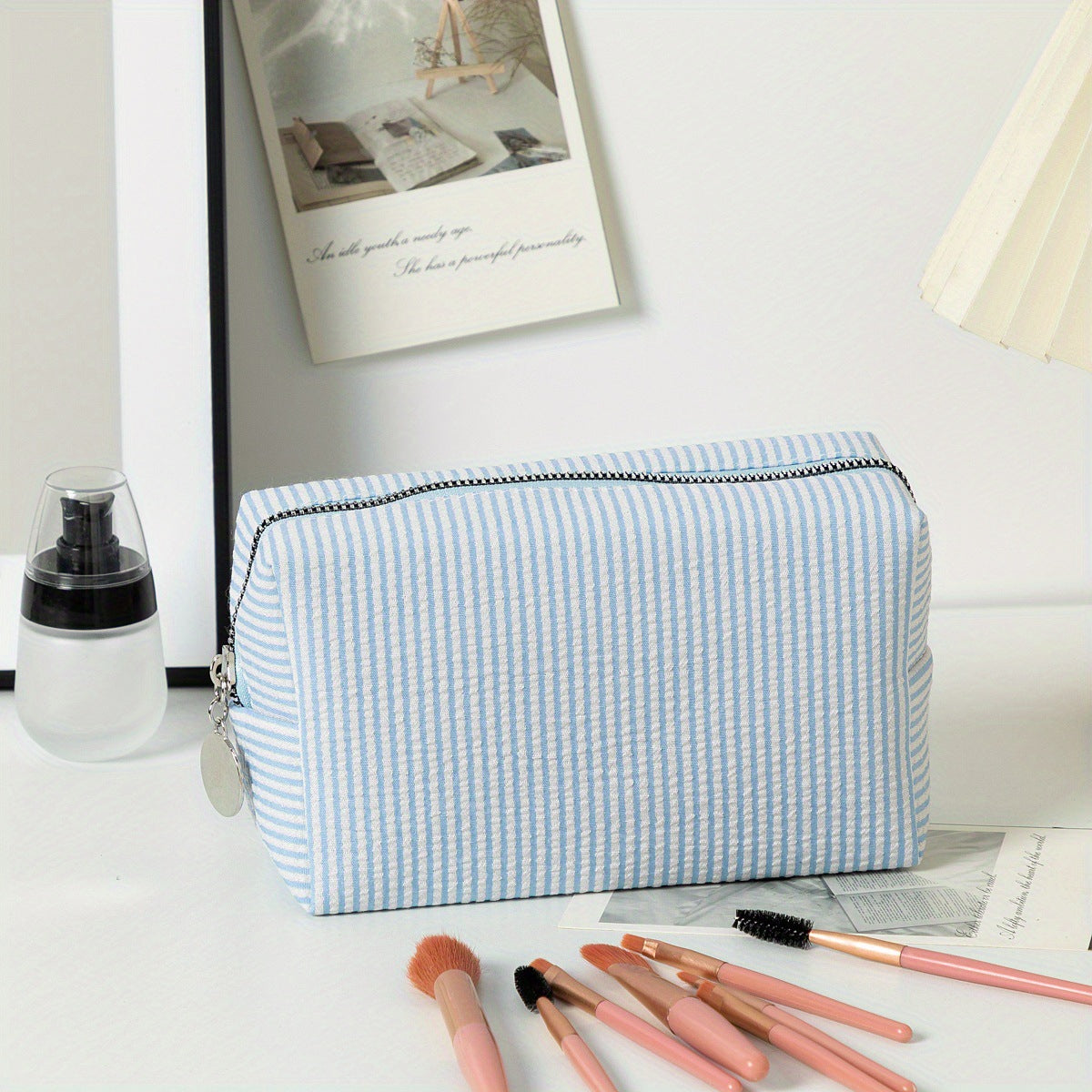 Personalized Embroidered striped Seersucker cosmetic bag gift