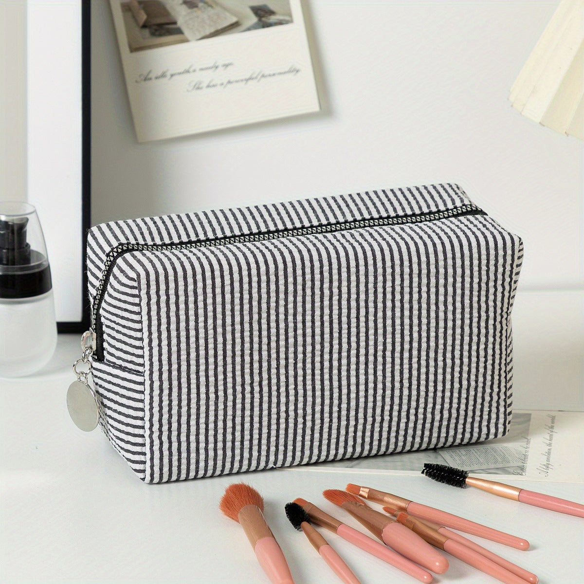 Personalized Embroidered striped Seersucker cosmetic bag gift