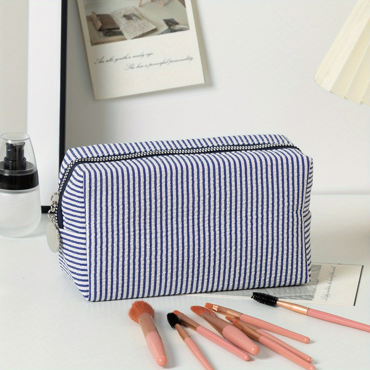 Personalized Embroidered striped Seersucker cosmetic bag gift